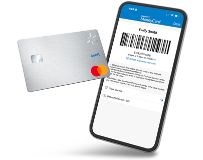 With a Walmart MoneyCard account deposit cash for free at Walmart and With the Walmart MoneyCard app create a deposit code to deposit cash for free at Walmart